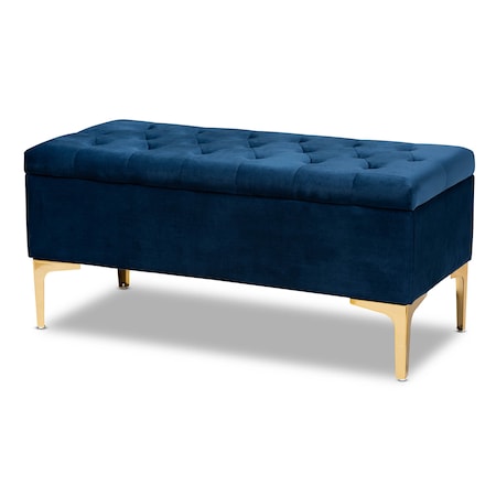 Baxton Studio Valere Blue Velvet Upholstered Gold Finished Tufted Storage Ottoman 162-10463